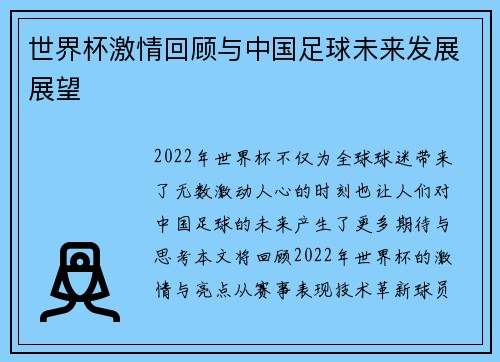 世界杯激情回顾与中国足球未来发展展望 世界杯激情回顾与中国足球未来发展展望