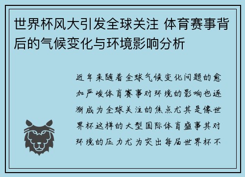 世界杯风大引发全球关注 体育赛事背后的气候变化与环境影响分析