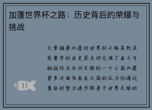 加蓬世界杯之路：历史背后的荣耀与挑战